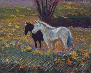 Impressionistic painting of two horses in a field, one white and one dark brown, with autumn colors
