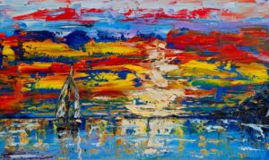 Spatula sailboat sunset impressionist painting with vibrant colors and textured strokes