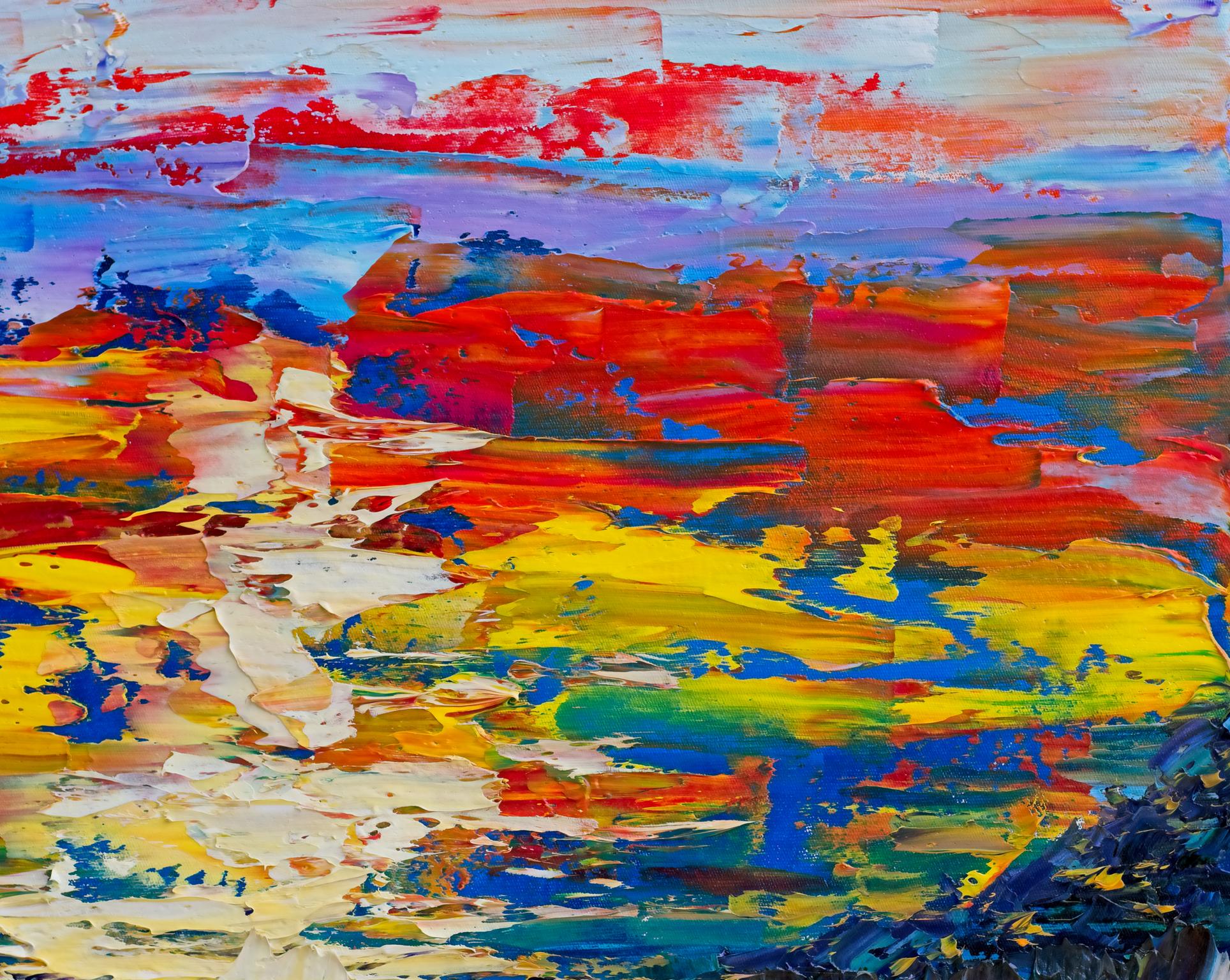 Impressionist painting created with spatula: sailboat on water at sunset with vibrant colors and textured brushstrokes