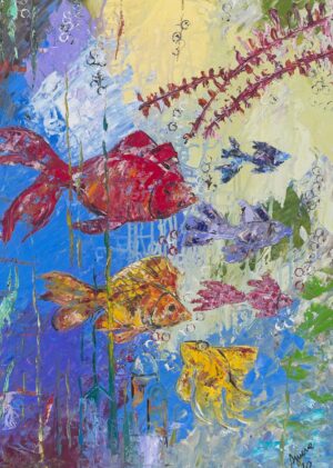Impressionist underwater painting with colorful fish in red, yellow, purple and blue, created with expressive spatula strokes