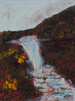 Impressionist waterfall painting created with spatula technique, textured strokes and vivid colors over a rocky landscape