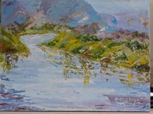 Impressionist palette knife landscape painting of a river valley with mountains, textured strokes and vibrant colors