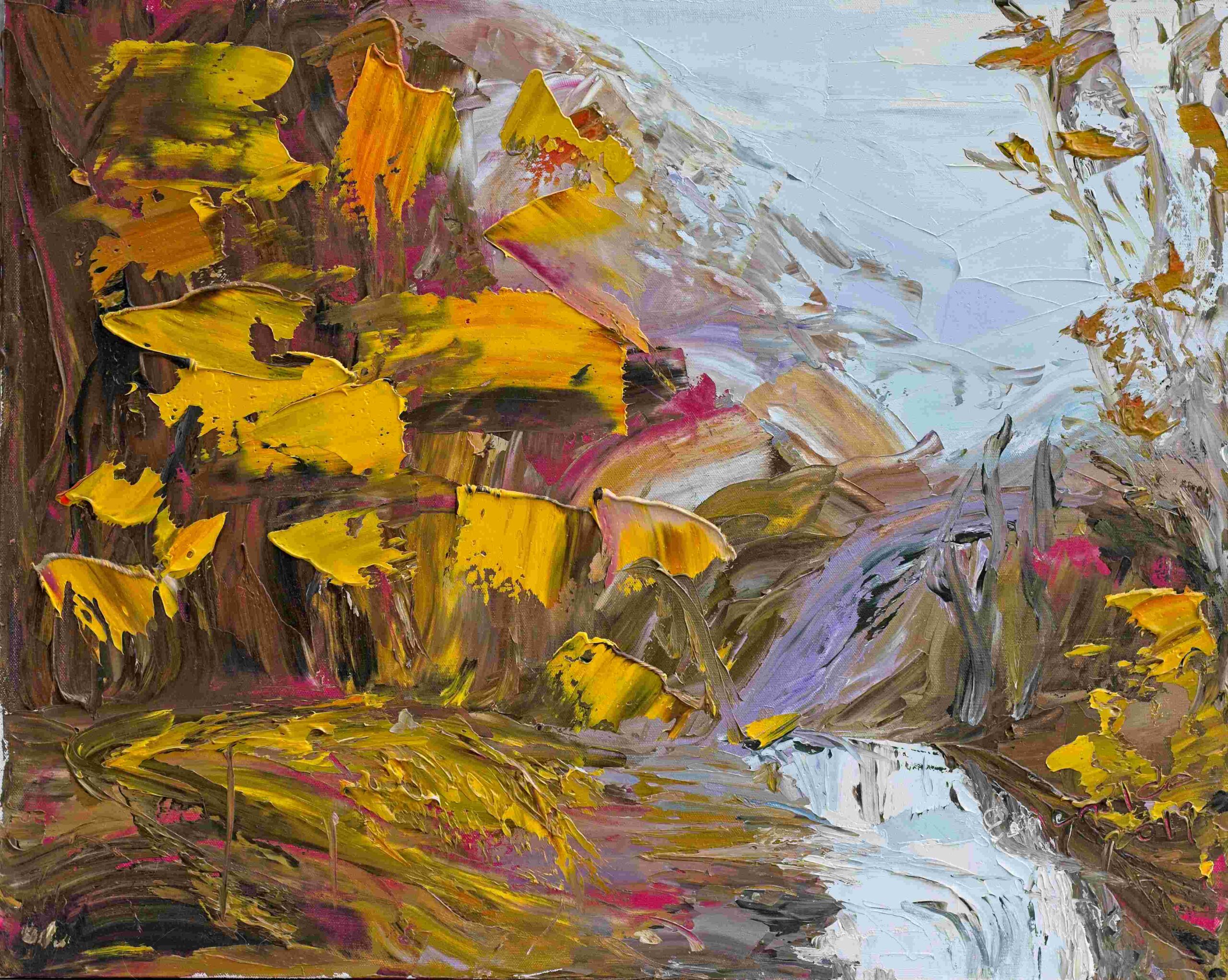 Abstract landscape with thick brushstrokes and vibrant autumn colors surrounding a flowing stream.