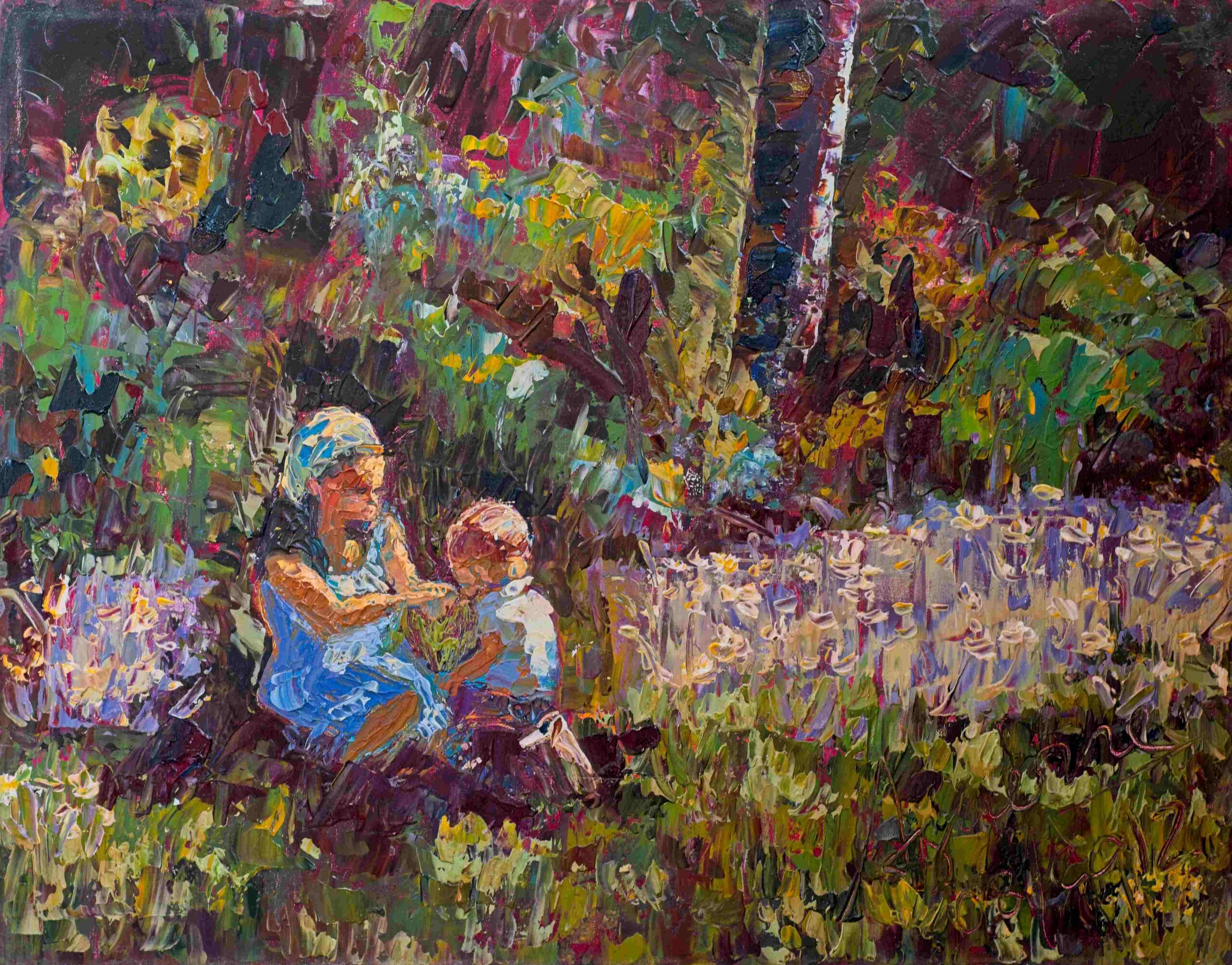 Impressionist painting of a woman in a blue headscarf and a child in a colorful garden, surrounded by vibrant flowers and foliage.