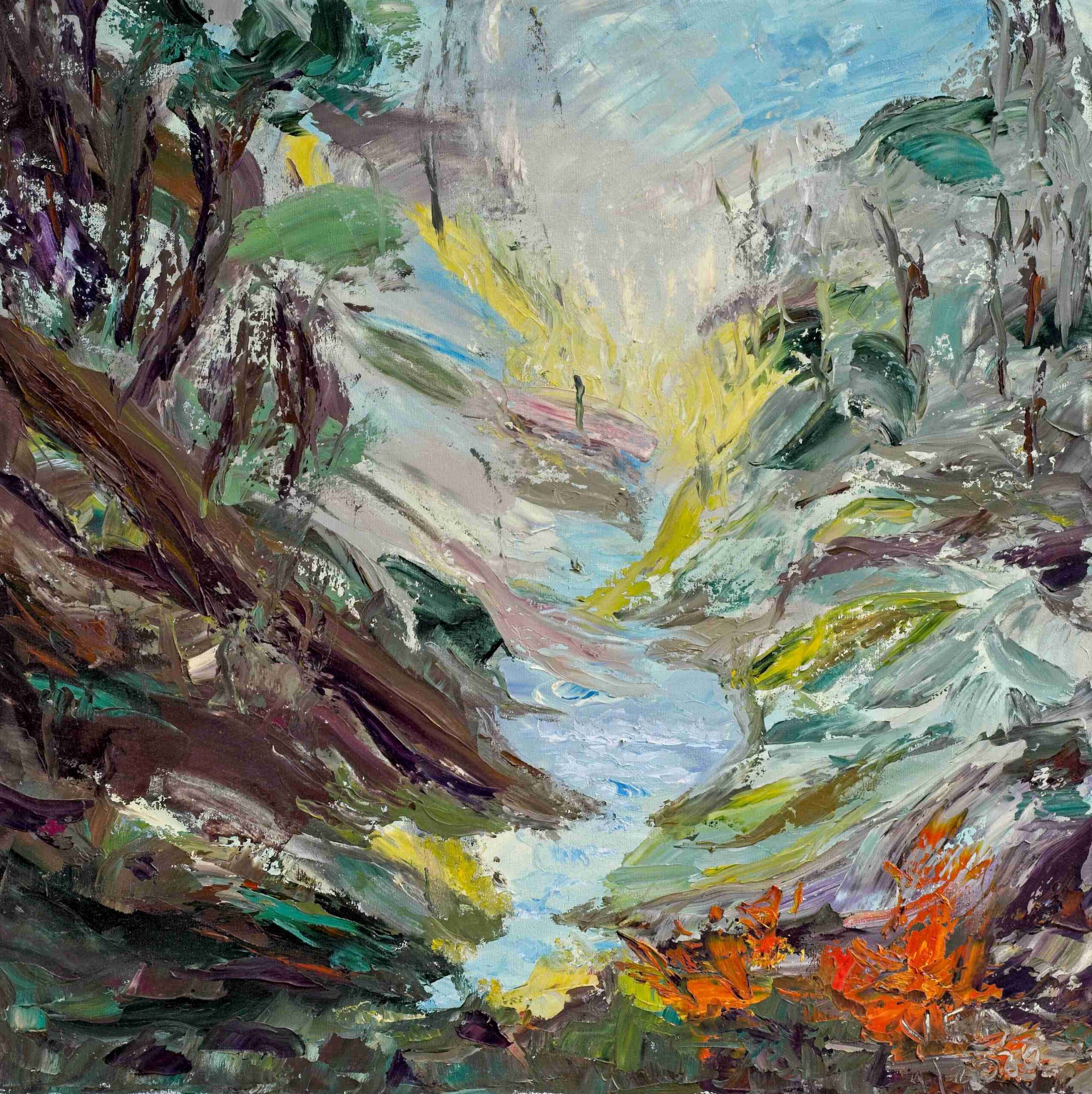 Impressionist oil painting with spatula, textured strokes depicting a forest and valley in vibrant blues, greens, and oranges