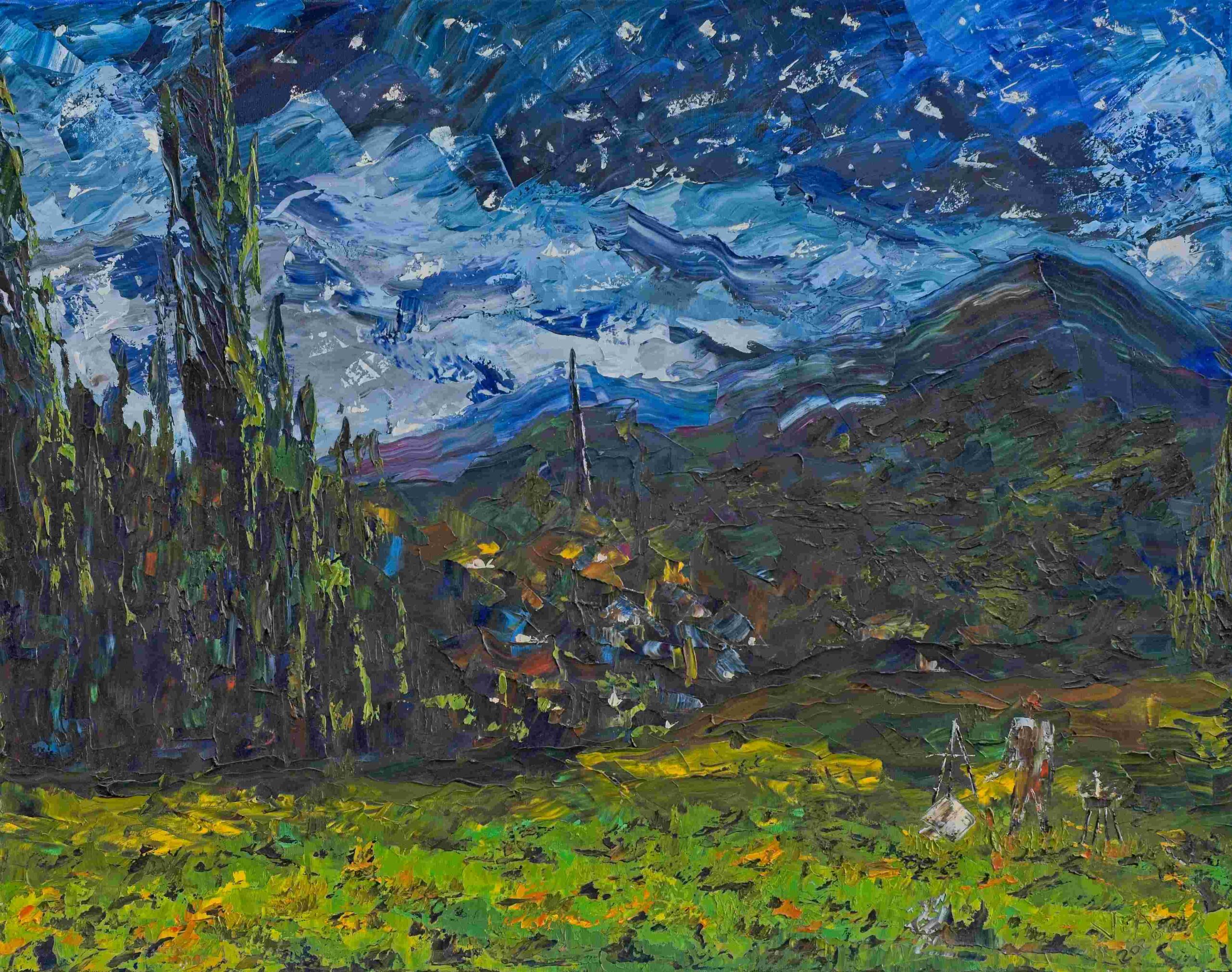 Estrellas del Maestro painting showing a vibrant impressionist night landscape inspired by Van Gogh.