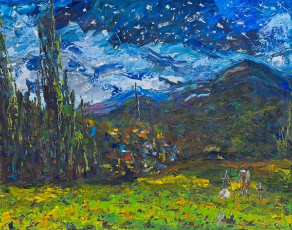 Estrellas del Maestro está inspirada en el famoso pintor Van Ghog: la soledad de la naturaleza, la montaña, la noche, las estrellas, la paz del alma. Oleo con espátula, corriente impresionista.