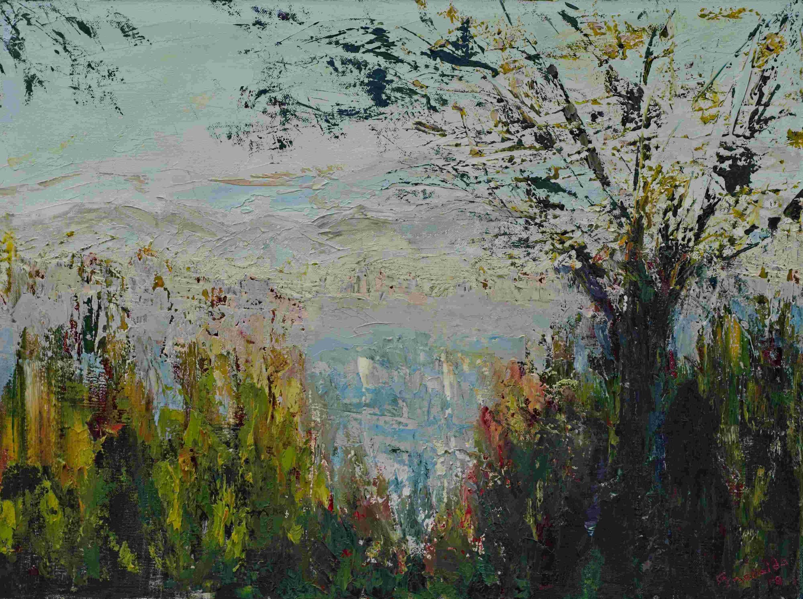 Impressionistic landscape with textured tree, colorful vegetation, and soft sky blending into distant hills.