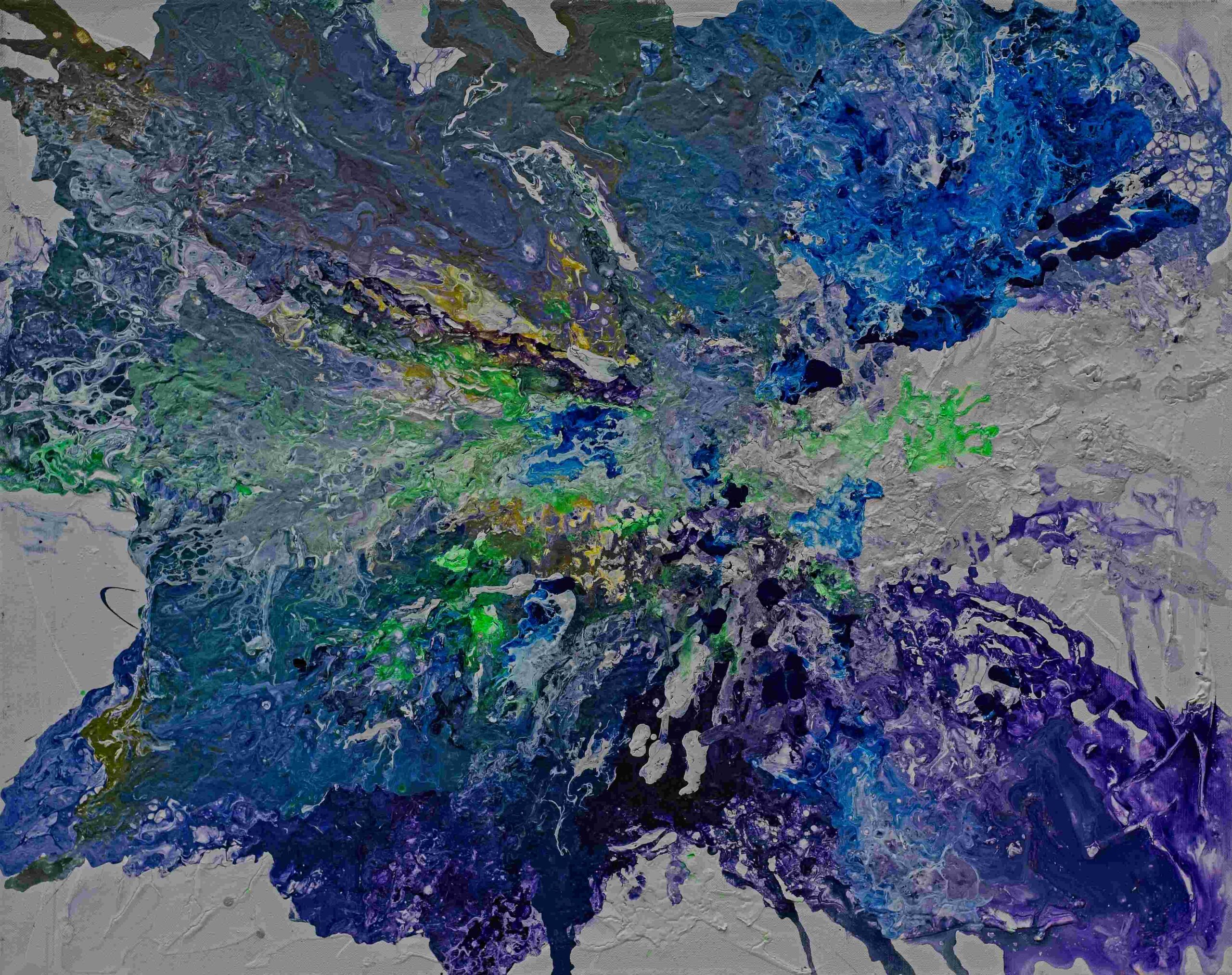 Abstract painting with swirling textures in blue, green, purple, and gray, radiating outward like an energetic burst.