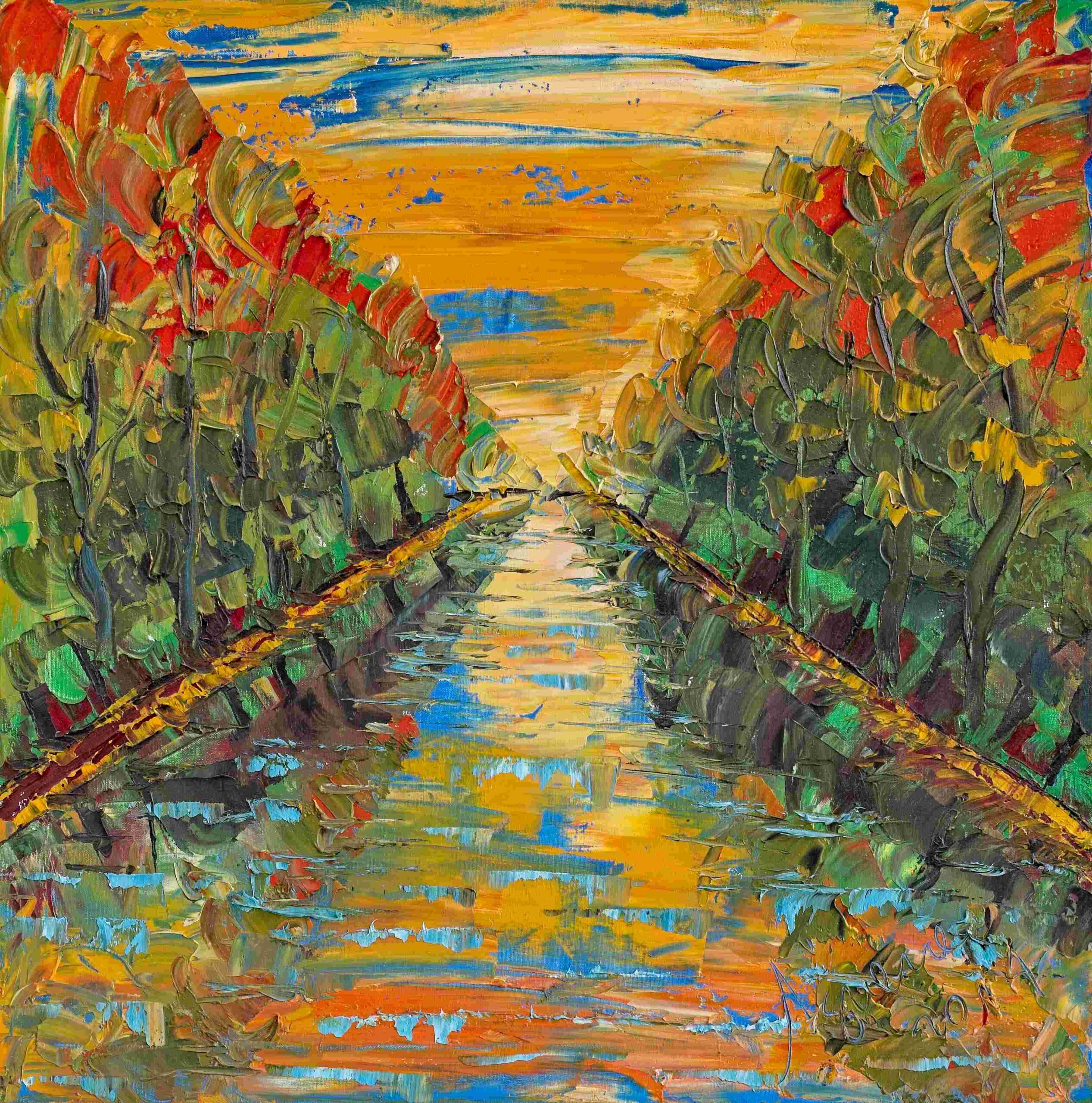 Impressionist landscape with a river flanked by autumn trees, reflecting vibrant sunset colors in orange, blue, and yellow