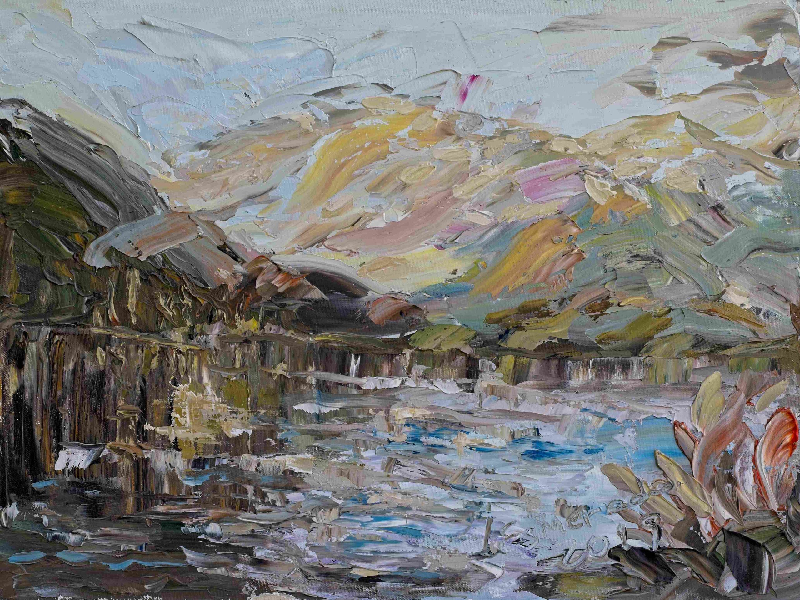 Impressionist landscape with mountains and water, earthy tones of green, brown, and yellow reflecting in a serene dawn or dusk sky.