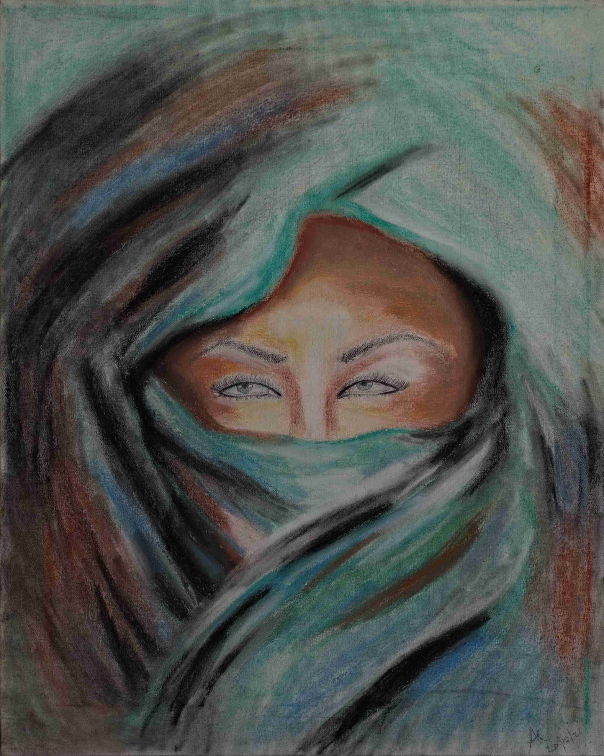 Painting of a mysterious face partially covered by flowing fabric, with expressive eyes and soft teal, brown, and blue tones.