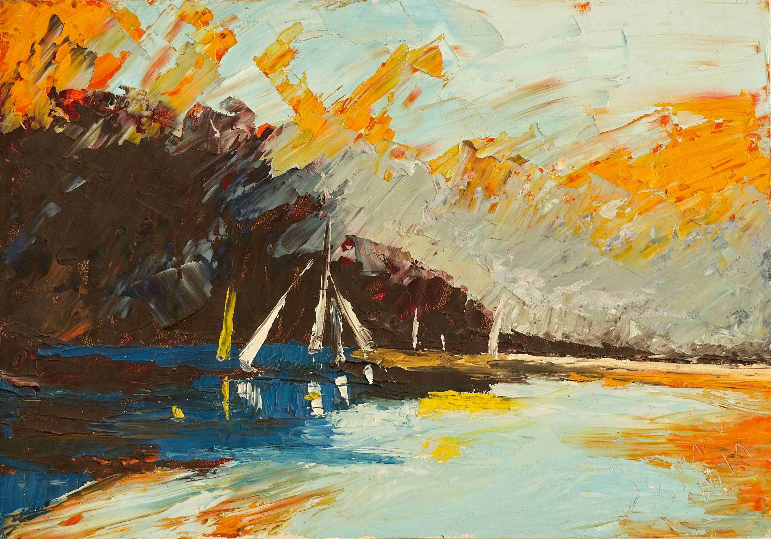 Limay River Argentina painting with mountains and clouds