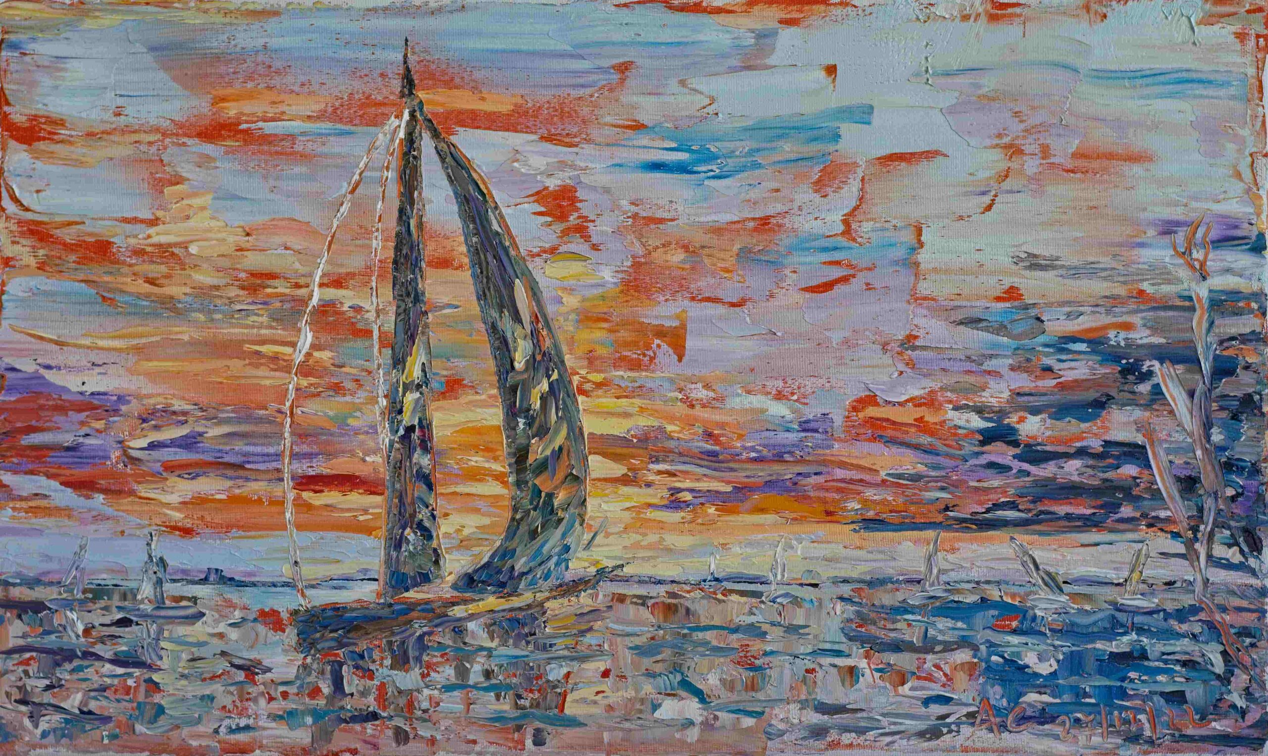Expressive oil painting of a sailboat navigating turbulent waters beneath a dramatic, cloud-filled sky. Vibrant blue, red, orange, purple, and yellow tones blend across the sky and water, with reflections creating a dynamic sense of movement. Dry branches emerge from the water on the right.