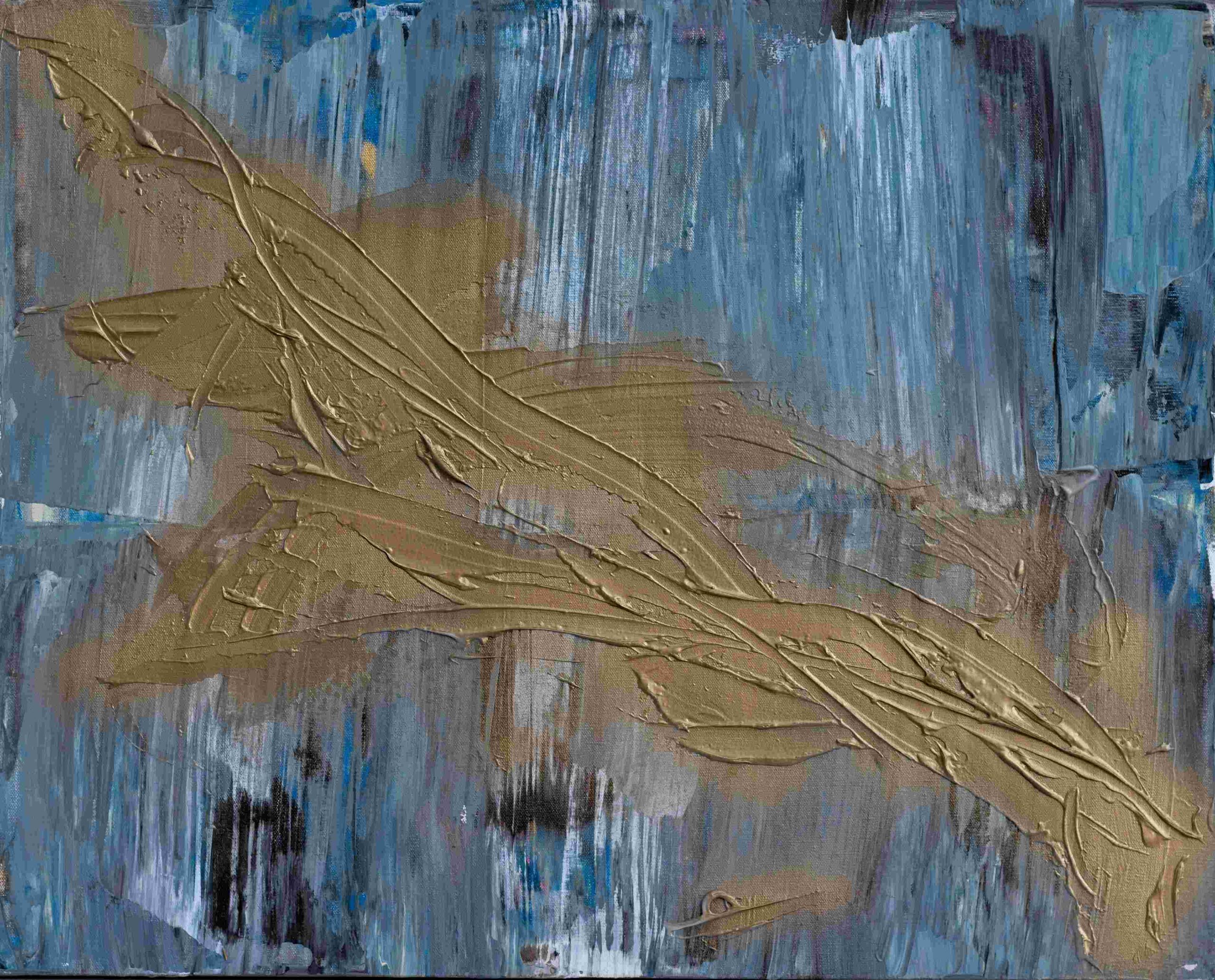 Abstract painting with textured blue-gray background and golden-brown palette knife strokes across the center.