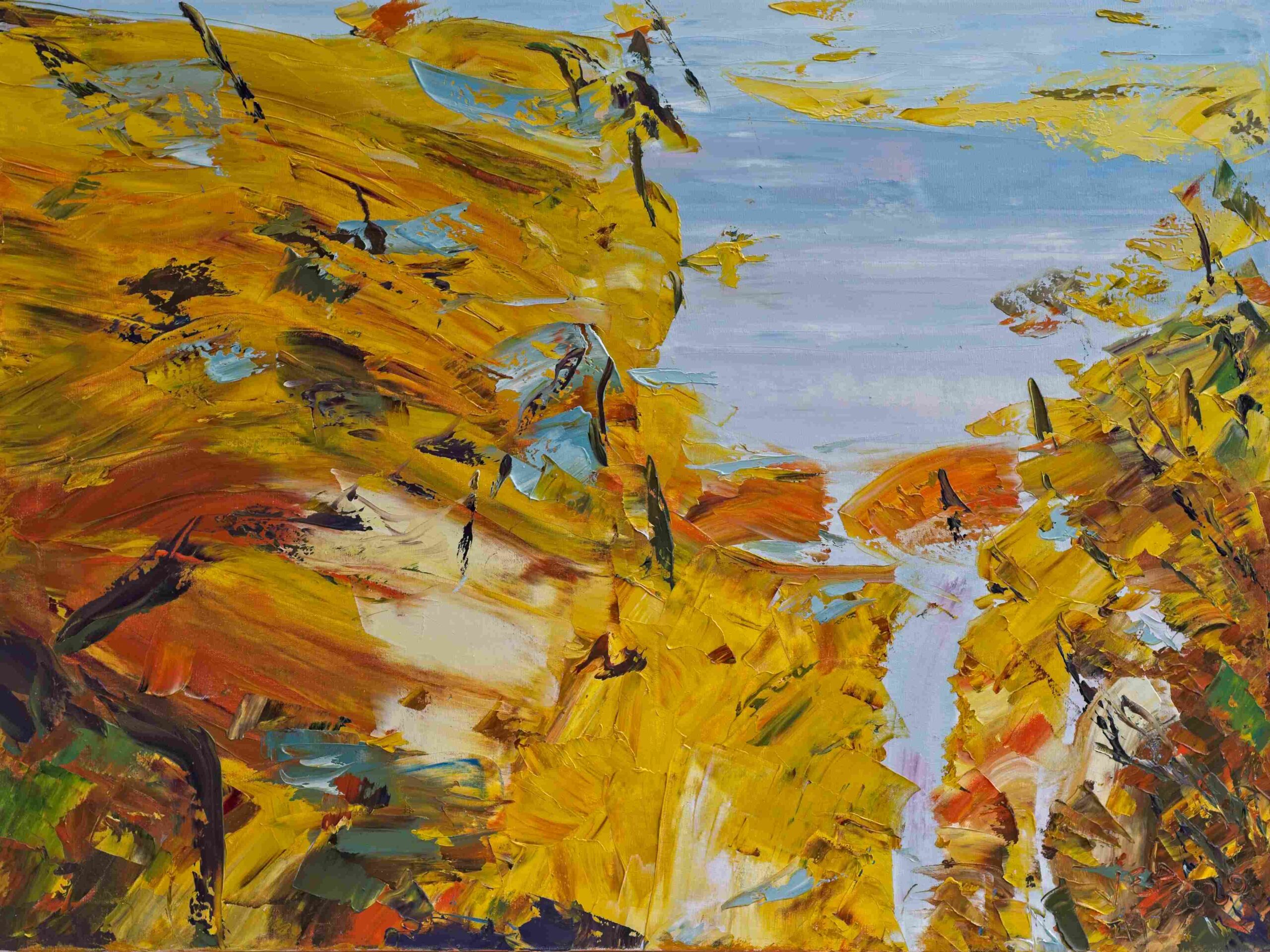 Cordilleran Autumn painting, impressionist oil artwork with palette knife, featuring vibrant yellows, oranges, blues, and whites evoking movement and depth.