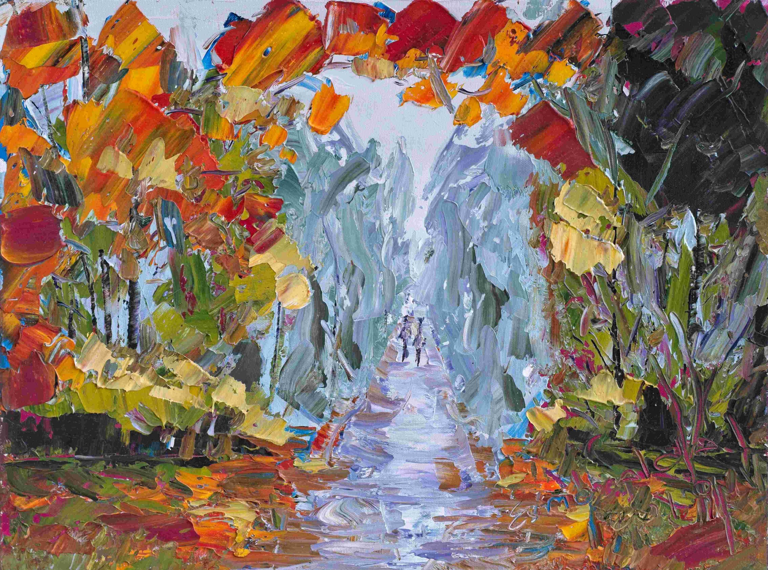 Impressionist painting of a forest path in autumn, with vibrant colors and two figures walking in the distance.