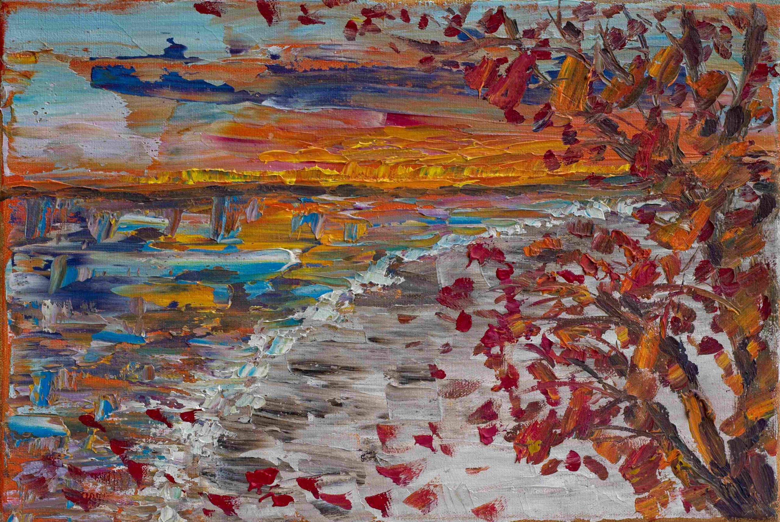 Impressionist abstract painting of a sunset landscape with bold brushstrokes, vivid orange and yellow sky, blue water reflections, and textured foliage.