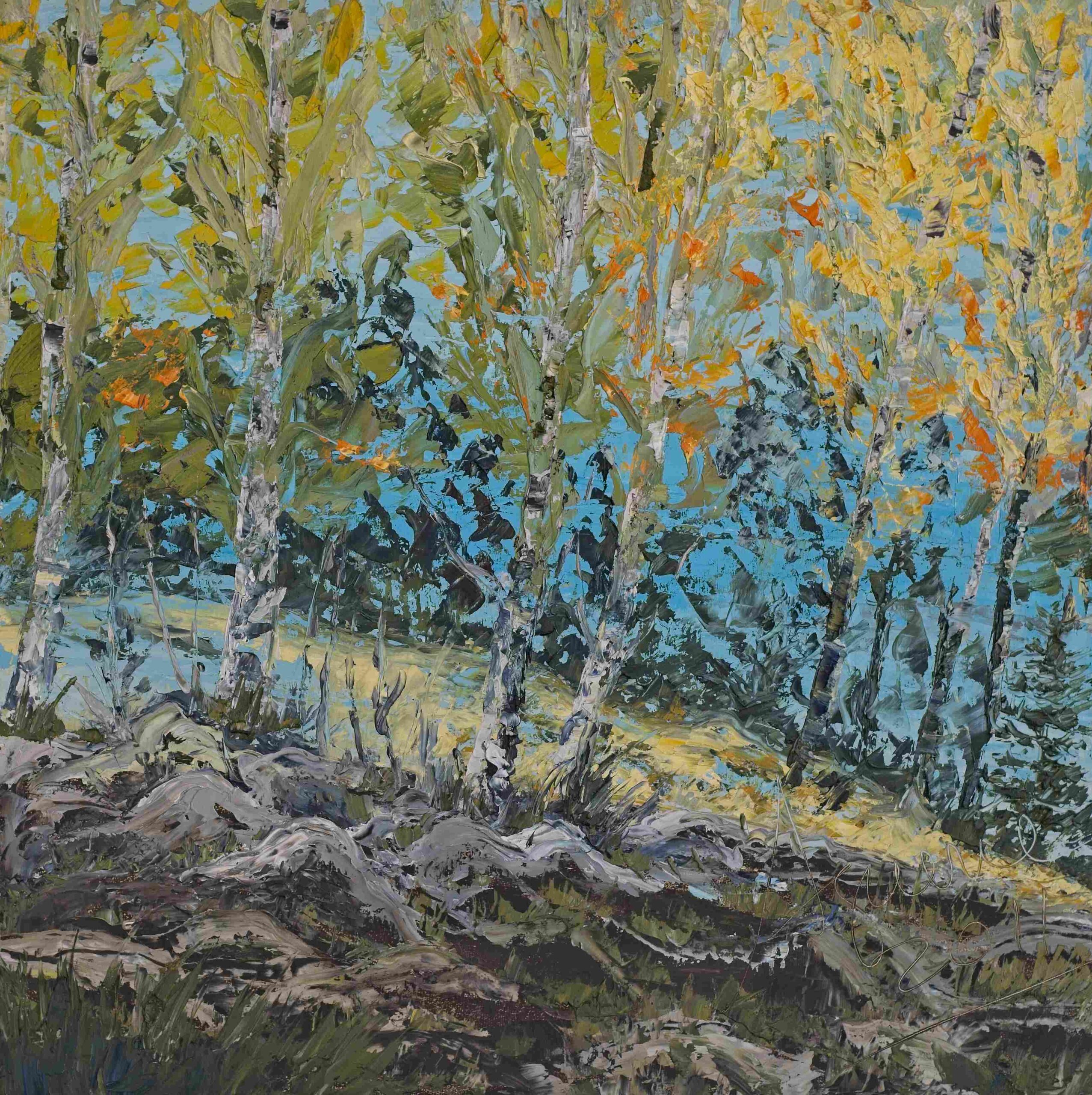 Alt Text: Enchanted Meadow oil painting with spatula impressionist forest scene