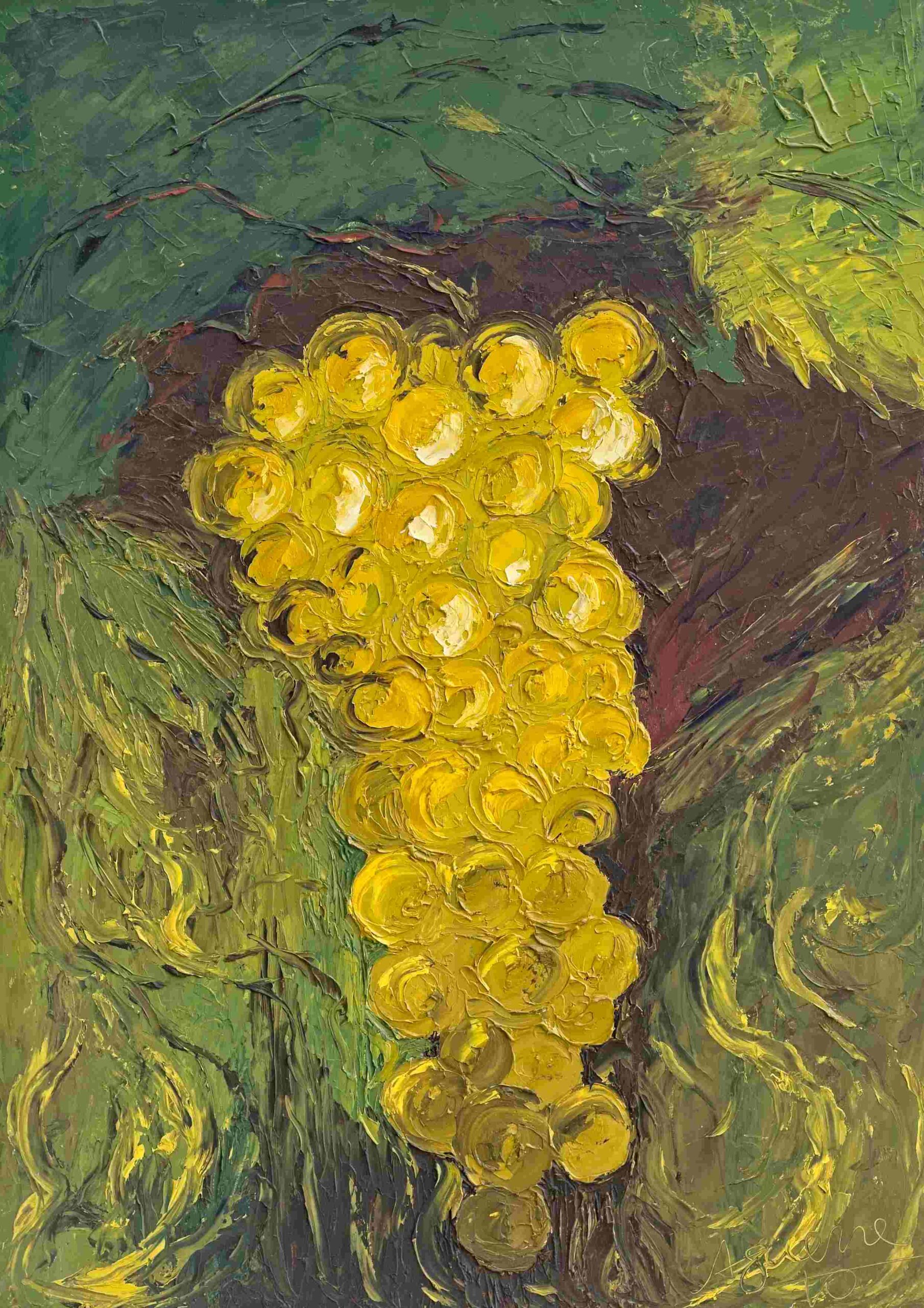 Impressionist oil painting of yellow grapes with textured brushstrokes, set against a green and brown background suggesting vineyard foliage.