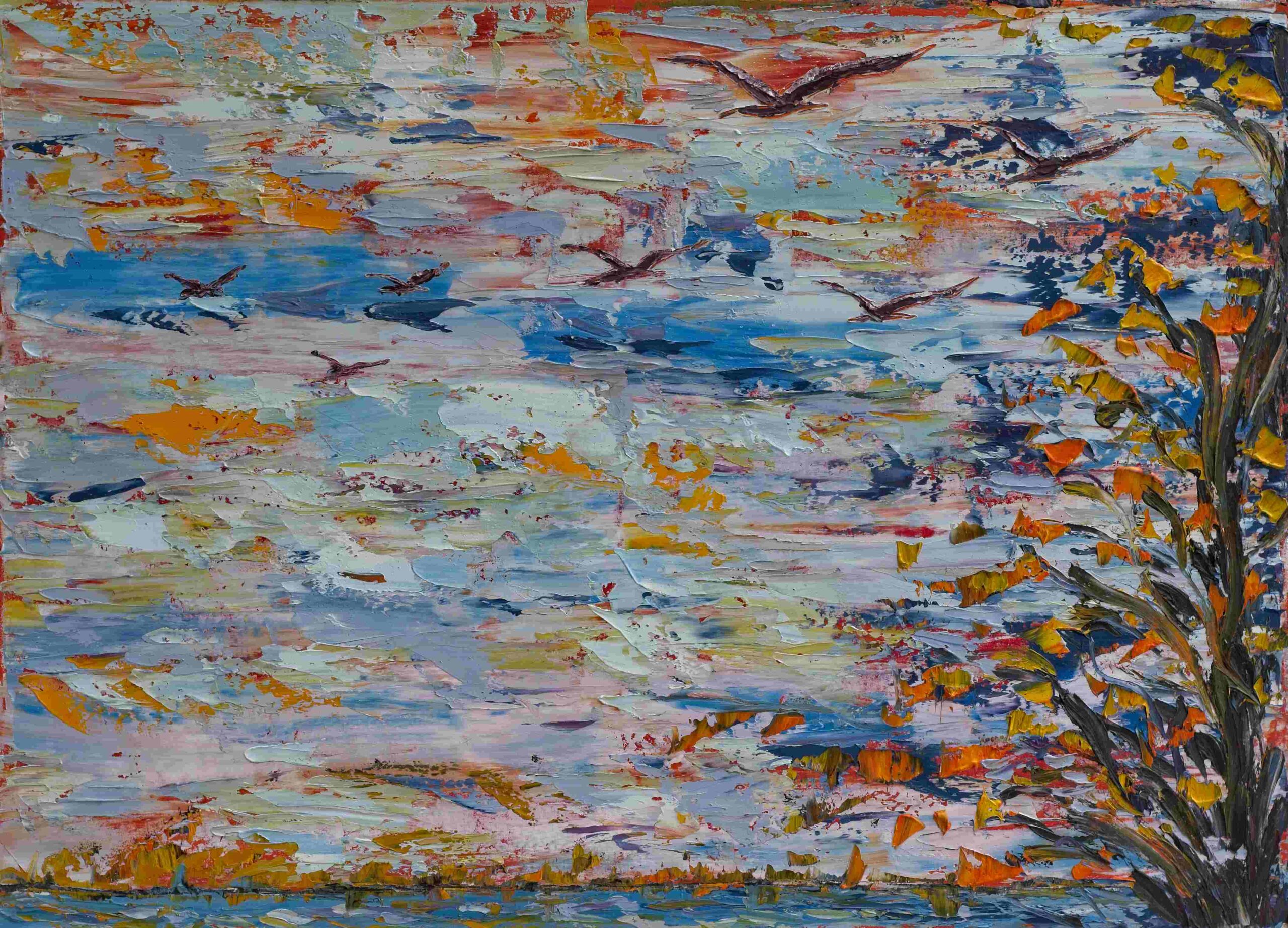Impressionist abstract painting of a vibrant sky with birds in flight, swirling brushstrokes of blue, orange, and yellow, and foliage on the side.