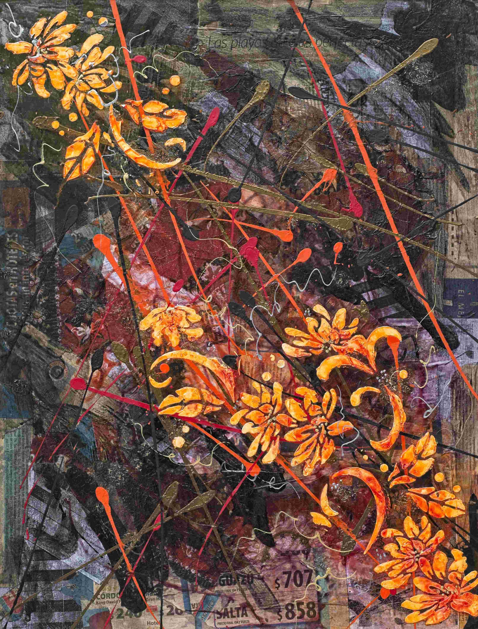 An abstract mixed-media artwork blending collage, acrylic paint, and energetic splatters. The composition features stylised orange flowers blooming amidst a chaotic background of torn newspaper clippings, printed text, and deep purple and brown textures. Sharp, dynamic streaks of bright orange, crimson red, and metallic gold paint slice diagonally across the canvas, creating a high-contrast interplay between delicate organic shapes and raw, fluid textures.