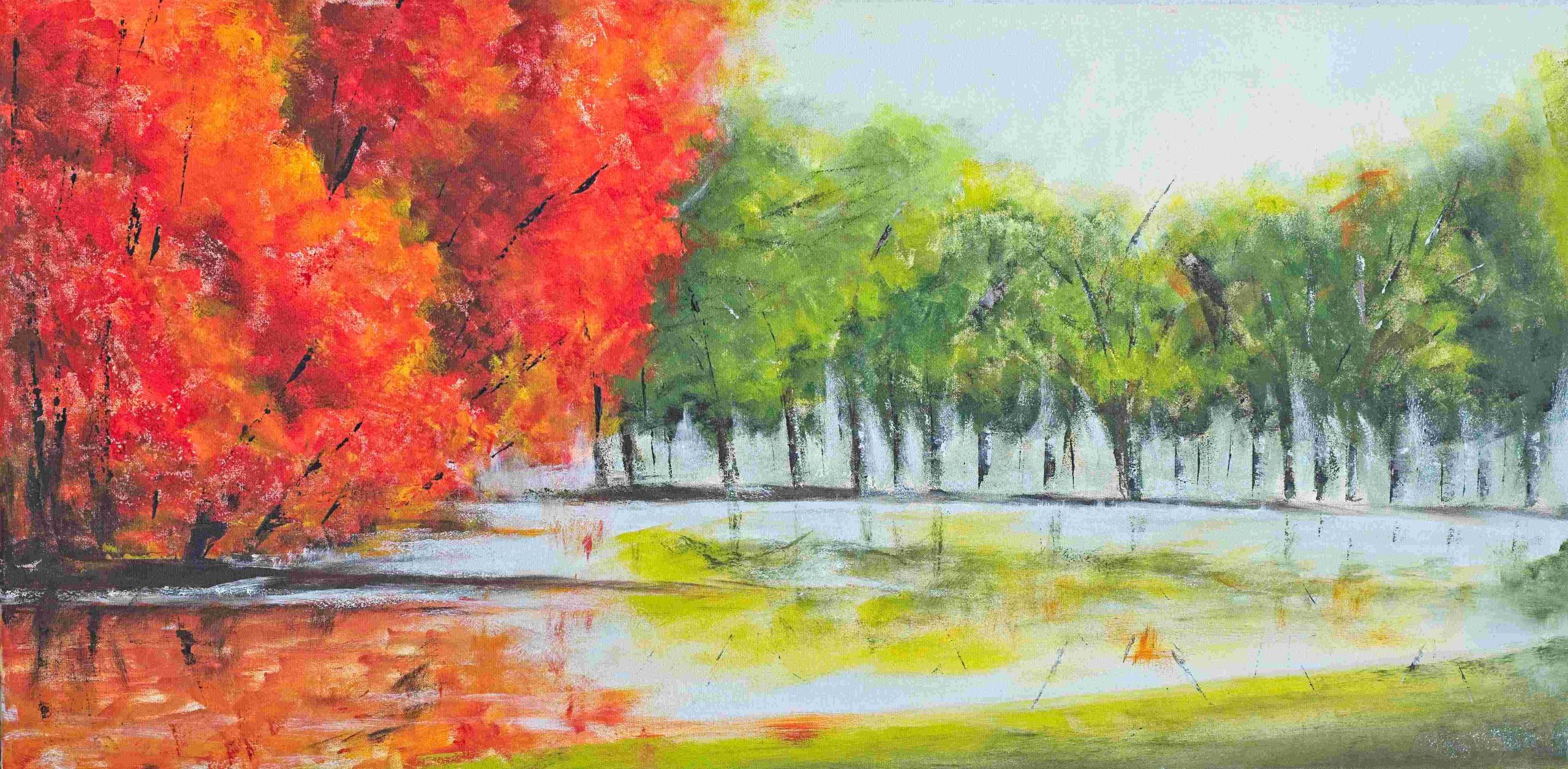 An impressionistic landscape painting featuring a dense cluster of fiery red and orange autumn foliage on the left side, contrasting with a row of green trees stretching across the background. A calm body of water in the foreground reflects the vibrant colors of the trees under a soft, hazy sky.