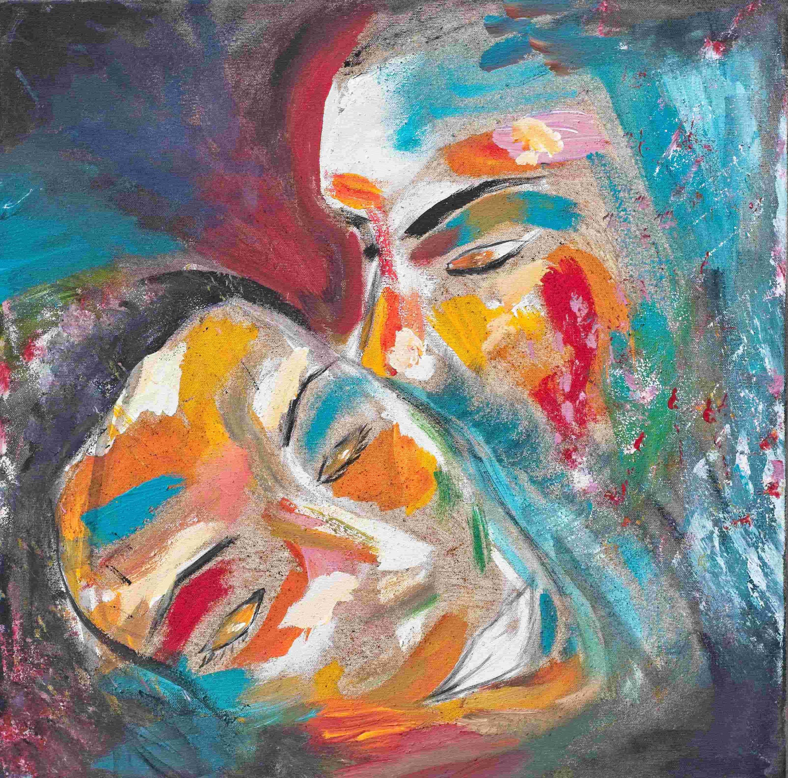 An impressionism and colorful acrylic painting depicting the intimate embrace of two stylized faces leaning toward each other. Vibrant patches of orange, yellow, red, turquoise, and white cover their skin, contrasting with a dark, textured background filled with deep blues, purples, and splatters of paint.