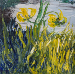 A field of vibrant yellow lilies with thick, textured brushstrokes that express light and movement.