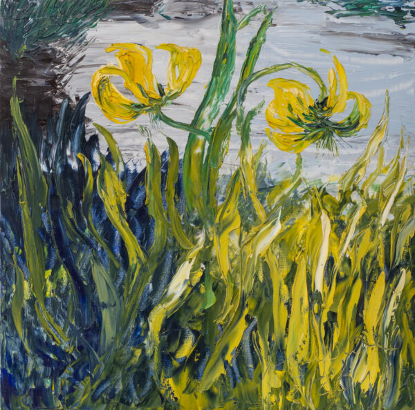 A field of vibrant yellow lilies with thick, textured brushstrokes that express light and movement.