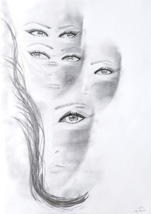 Graphite drawing of overlapping female faces with expressive eyes, delicate facial features, flowing hair, and soft shading exploring identity and perception.