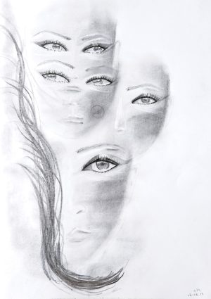 Graphite drawing of overlapping female faces with expressive eyes, delicate facial features, flowing hair, and soft shading exploring identity and perception.