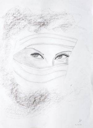 A delicate graphite drawing of a veiled woman, with expressive eyes framed by flowing fabric and soft, textured shading on white paper.