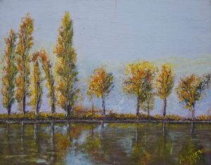 Impressionist landscape painting of autumn trees along the Limay River, with golden and rust-colored foliage reflected in calm water beneath a pale blue sky.