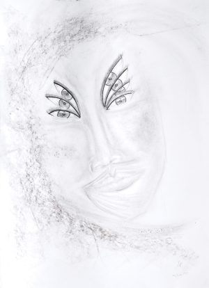 A female portrait drawn in pencil on white paper, featuring intricately decorated eyes with artistic geometric details on the eyelids. The face is rendered with soft, expressive strokes, subtle shading, and charcoal textures that contrast with the delicacy of the drawing.