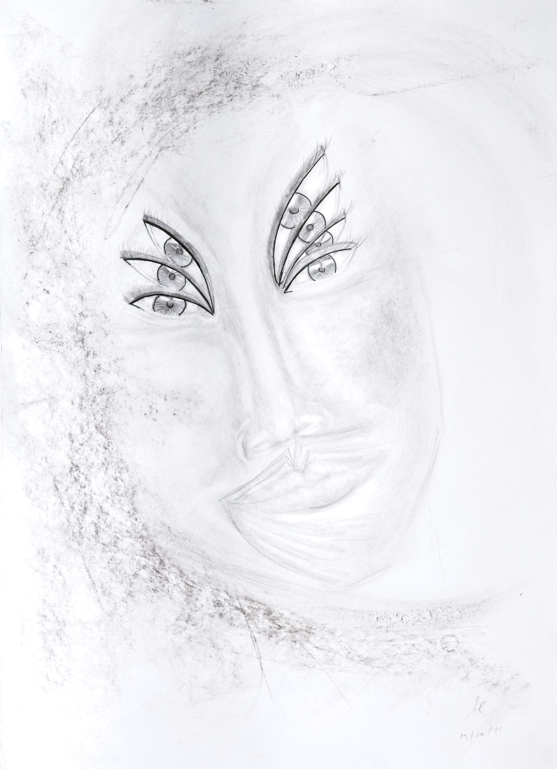 A female portrait drawn in pencil on white paper, featuring intricately decorated eyes with artistic geometric details on the eyelids. The face is rendered with soft, expressive strokes, subtle shading, and charcoal textures that contrast with the delicacy of the drawing.