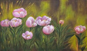 Painting of pink peonies blooming among tall green grasses, set against a softly blurred background of olive green and golden yellow tones, creating a peaceful natural atmosphere.