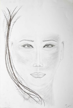 Pencil and charcoal sketch of a front-facing female portrait on white paper. The face features almond-shaped eyes with prominent eyelashes, defined eyebrows, and full lips with a neutral expression. Soft shading contours the cheeks and nose, while dark, stylized charcoal lines sweep up the left side to represent dynamic strands of hair.