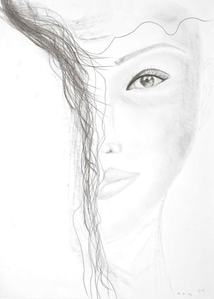 A minimalist graphite sketch shows a front-facing female portrait on white paper. The artwork highlights a highly detailed right eye with long, curled eyelashes and a soft brow. Smooth pencil shading defines the nose and full lips with a serene expression. On the left side, long, flowing pencil lines cascade down to represent dynamic hair. The right side of the head fades into the background to create an open, minimalist composition. A tiny signature sits in the bottom right corner.